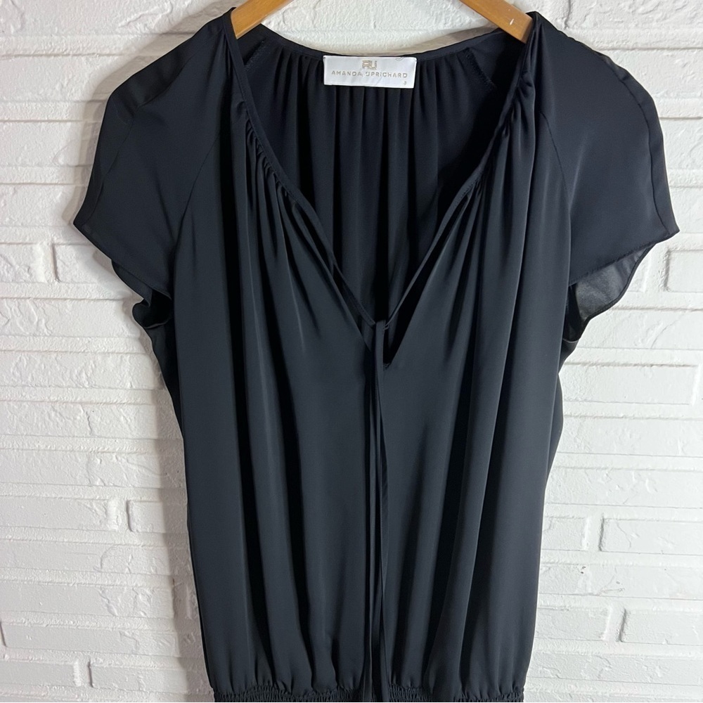 Amanda Uprichard Black Short Sleeve Ruffle Smocked Waist Dress, Size Small - Picture 2 of 8